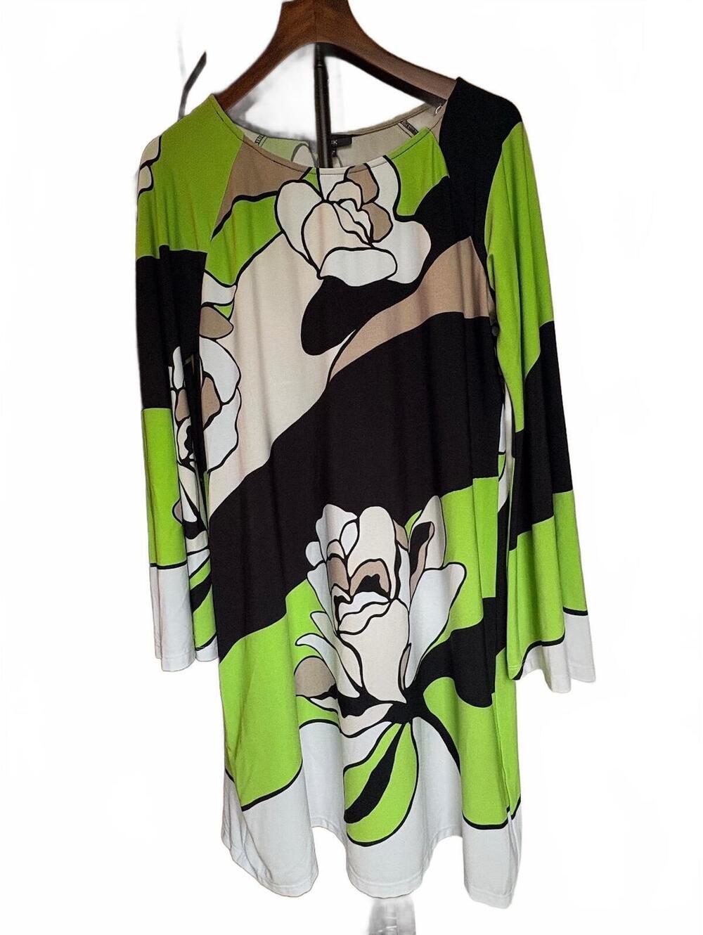 MSK Green, Black and White Floral bell sleeve dress M